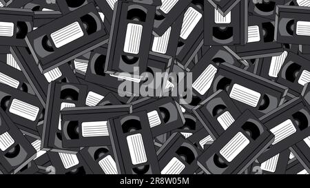 Texture, seamless pattern of old retro wines gray antique analog hipster film video cassettes for a video recorder with a magnetic film for watching m Stock Vector
