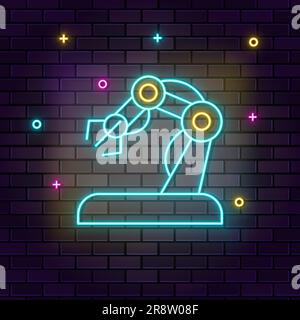 Hand, robotic, arm icon , neon on wall. Dark background brick wall neon icon. Stock Vector