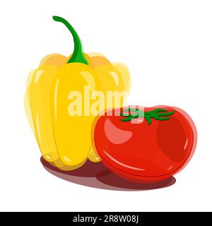 Yellow bell peppers with bdiches and a red tomato with a green tail and highlights in watercolor style. Vector illustration of vegetables for a salad. Stock Vector