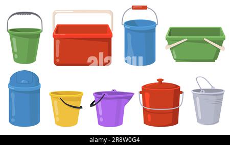 Steel and plastic buckets flat illustration set Stock Vector