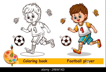 Cute football soccer player boy, little child footballer playing sport game coloring book page. Funny sportsman cartoon character kicking ball. Vector Stock Vector