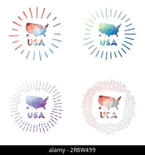 USA low poly sunburst set. Logo of country in geometric polygonal style. Vector illustration. Stock Vector