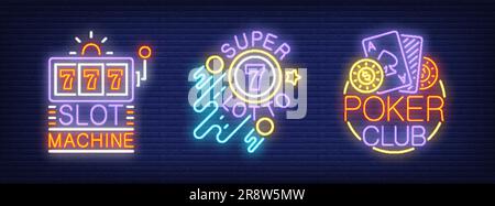 Slot machine, super lotto, poker club neon sign set Stock Vector