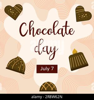 World chocolate day design template. Chocolate blocks. Post with chocolate desserts. Vector illustration in cartoon style. Stock Vector