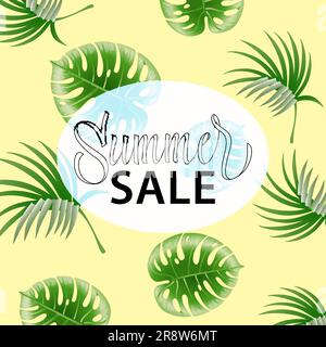 Summer sale promo poster design with tropical leaf pattern Stock Vector