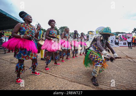 Kenyan traditional dancers entertain guests during the flag-off of the WRC 2023 Safari Rally at the Uhuru Park grounds in Nairobi. The WRC 2023 Safari rally kicked off with flag-off at Nairobiís Uhuru Park and thereafter rally drivers headed to the Kasarani Grounds for the Super Special Stage. This year the rally competition marks 70 years running as the Safari Rally. The WRC 2023 Safari rally is scheduled to run from Thursday, 22nd June to Sunday, 25th June 2023 in Nairobi County, and Naivasha, Nakuru County in Kenya. Stock Photo