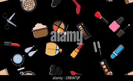 Endless seamless pattern of beautiful beauty items of female glamorous fashionable powders, lipsticks, varnishes, creams, cosmetics on a black backgro Stock Vector