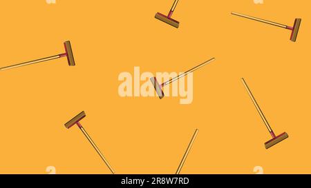 Texture, seamless abstract pattern of construction wooden mops, brushes with a wooden handle for repair, cleaning on a yellow, orange background. Vect Stock Vector