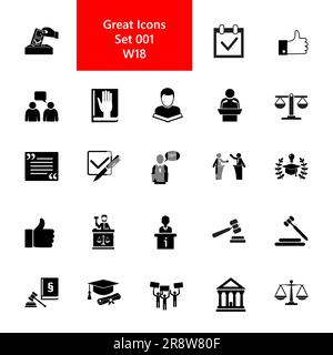 Jurisprudence icon set. Juridical system and court collection Stock Vector