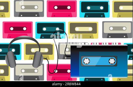 Blue old retro vintage hipster realistic volumetric portable music cassette audio player for audiocassettes from the 80's, 90's and headphones on the Stock Vector
