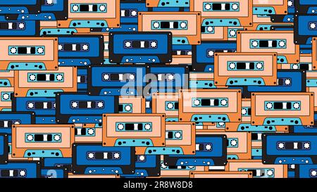 Seamless pattern endless with music audio cassettes old retro vintage hipster from 70s, 80s, 90s isolated on white background. Vector illustration. Stock Vector