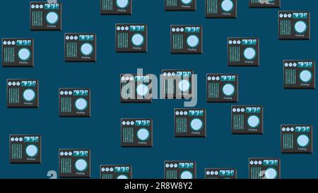 Seamless pattern endless with music audio dj consoles with vinyl old retro vintage hipster from 70s, 80s, 90s isolated on blue background. Vector illu Stock Vector