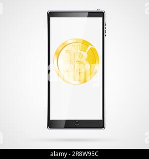 Large black realistic mobile smart touch-sensitive slim mobile phone with shadow with gold coin bitcoin, Crypto-currency on the display isolated on wh Stock Vector