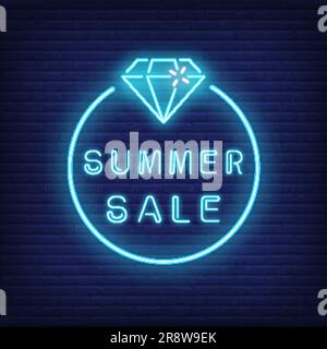 Summer sale neon text and diamond in circle Stock Vector