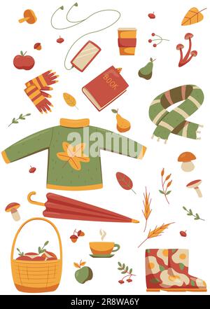 collection of cartoon items related to autumn. Stock Vector