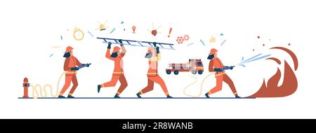 Brave firefighters wearing uniform and helmets firefighting Stock Vector