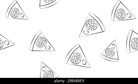 slice of pizza on a white background, vector illustration, black and white pattern. pizza with various fillings. seamless pattern, background, endless Stock Vector
