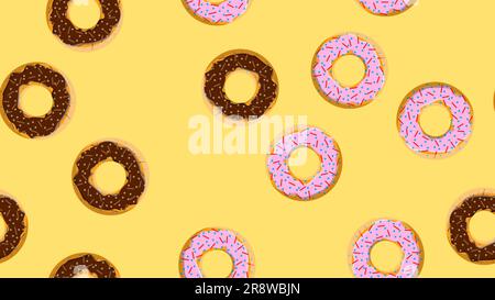 Seamless pattern, texture from different round sweet flour tasty fresh hot donuts, pastries, sugar-coated cookies in chocolate candy caramel pastry on Stock Vector