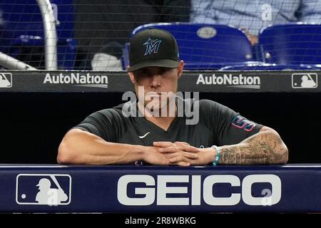 Manager Skip Schumaker of the Miami Marlins walks to the mound for