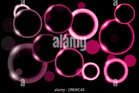 Abstract, multicolored, neon, shiny, bright, violet, pink, motley glowing circles, balls, bubbles, light spots on a black background. Vector illustrat Stock Vector