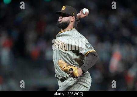 July 20, 2023, TORONTO, ON, CAN: San Diego Padres relief pitcher Luis Garcia  react after hitting