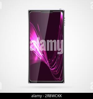 Black smart mobile phone smartphone with touch screen, modern realistic mobile device with abstract magic energy screensaver, wallpaper, background. V Stock Vector