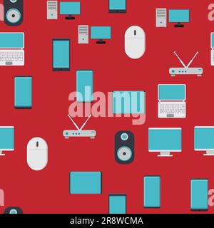 Seamless pattern, texture from modern digital devices, gadgets, tablets, smartphones, mice, speakers, monitors, laptops, routers for internet, compute Stock Vector