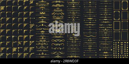 Set of Decorative vintage frames and borders set. Gold photo frame with corner Thailand line floral Vector design decoration pattern. filigree divider Stock Vector