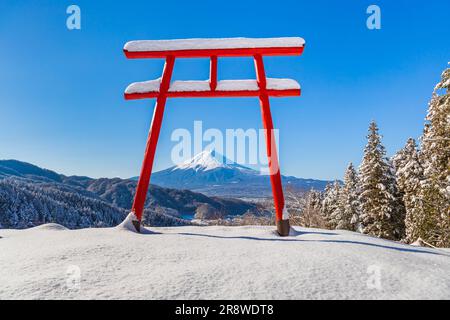 Torii gate of Kawaguchi Sengen Shrine and Mt. Stock Photo