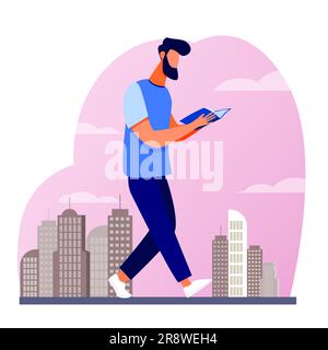 Man reading book while walking in city Stock Vector