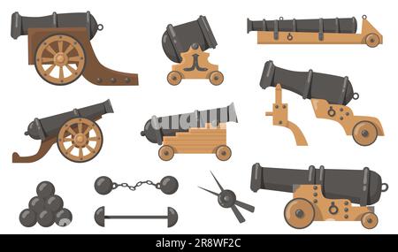 Medieval cannons with cannonballs flat illustration set Stock Vector