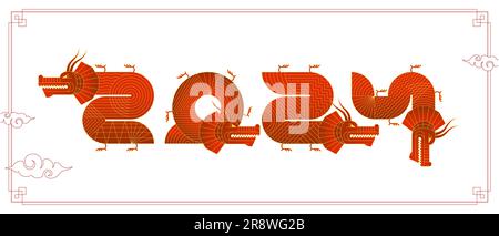 2024 geometric chinese Happy New Year dragons banner. Red abstract China zodiac animal dragon set. Asian modern shapes with linear pattern logo. Frame template for vector oriental calendar or poster Stock Vector