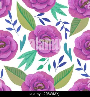 Vector seamless pattern in retro luxury style with purple peony and leaves. Hand-drawn illustration. Stock Vector