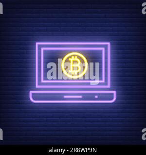 Mining bitcoin on laptop neon sign Stock Vector