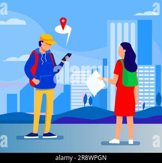 Tourist with paper map asking destination Stock Vector