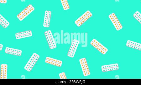 Seamless pattern texture of yellow round medical medicinal pharmaceutical pills tablets in packaging plates on blue background. Vector illustration. Stock Vector