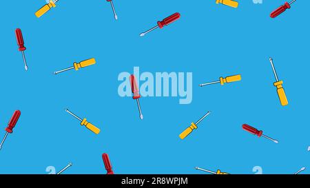 Texture, seamless abstract pattern of metal construction plastic yellow and red screwdrivers for repair, tool on blue background. Vector illustration. Stock Vector