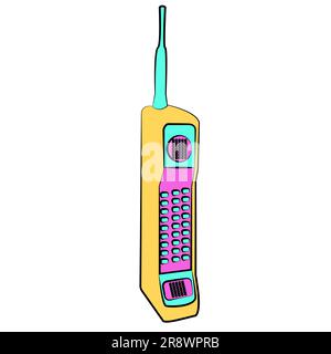 Set of two old different multicolored yellow gold button retro hipster vintage square first mobile phones with long antenna and sliders and retro insc Stock Vector