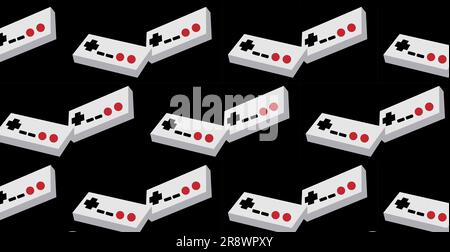 A pattern of two black and white and black old retro vintage hipster joysticks, manipulators, consoles from the 80's, 90's for a game console for vide Stock Vector