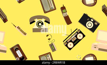Texture, seamless pattern of old retro hipster electronics, mobile phones, tv recorder, player, audio tape, video recorder, game console, camera, comp Stock Vector