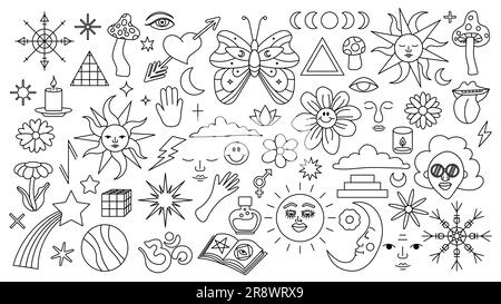 Magic background in retro style with hand drawn elements. Decorative mystical vector isolated pattern. editable stroke stickers. Esoteric element in m Stock Vector