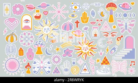 Magic background groovy in retro trend style with clipart elements. Decorative mystical vector isolated pattern. clipart stickers. Esoteric element wi Stock Vector