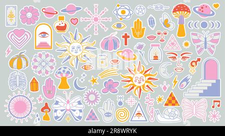 Magic background groovy in retro trend style with clipart elements ...