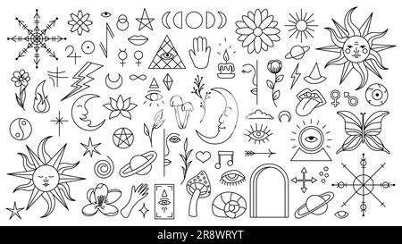 Magic background in retro style with hand drawn elements. Decorative mystical vector isolated pattern. editable stroke stickers. Esoteric element in m Stock Vector