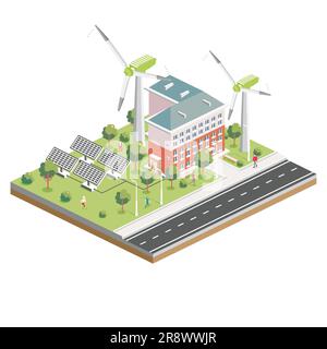 Isometric Solar Panels with Wind Turbine. Green Eco Friendly House. Infographic Element. Vector Illustration. City Architecture Isolated on White Back Stock Vector