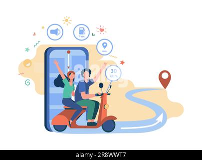 People riding scooter, using navigation app Stock Vector