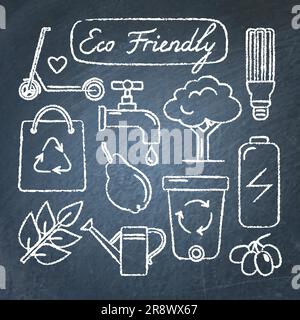 Collection of ecology icons in sketch style on chalkboard. Eco Friendly lettering. Hand drawn ecological symbols. Stock Vector