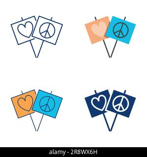 Plates with love and peace symbols icon set in flat and line style. Tablets with heart and pacific signs. Vector illustration. Stock Vector