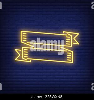 Two yellow ribbon banners on brick background. Neon style vector Stock Vector