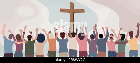 Group of Christians seen from behind with hands raised towards the crucifix praying or singing.Christianity in the world.Christian worship. Faith Stock Vector
